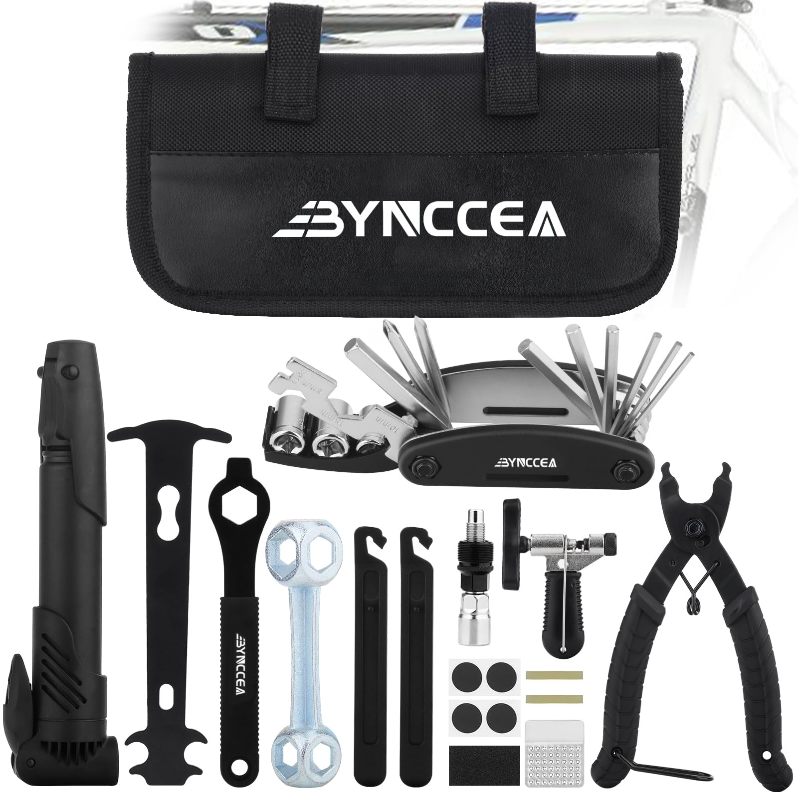 Bynccea Bike Tire Repair Tool Kit with Tire Pump, Portable Bicycle Repair Bag Bicycle Tyre Lever Patch Repair Tools, All in One Bicycle Tire Patch Kit for Mountain Bike and Road Bike