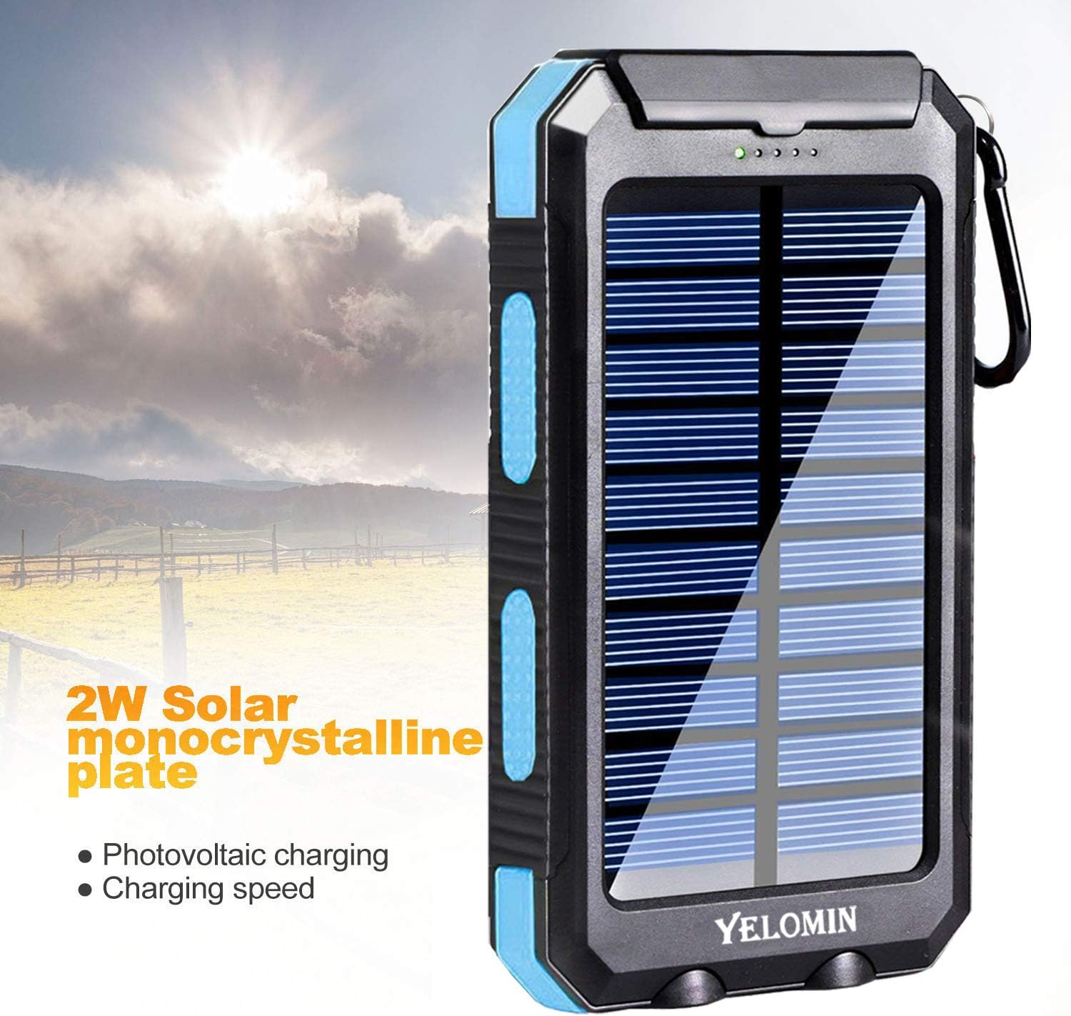 Solar Power Bank,Yelomin 20000mAh Portable Outdoor Mobile Charger,Camping External Backup Battery Pack Dual USB 5V 1A/2A Outputs 2 Led Light Flashlight with Compass: Home Audio & Theater