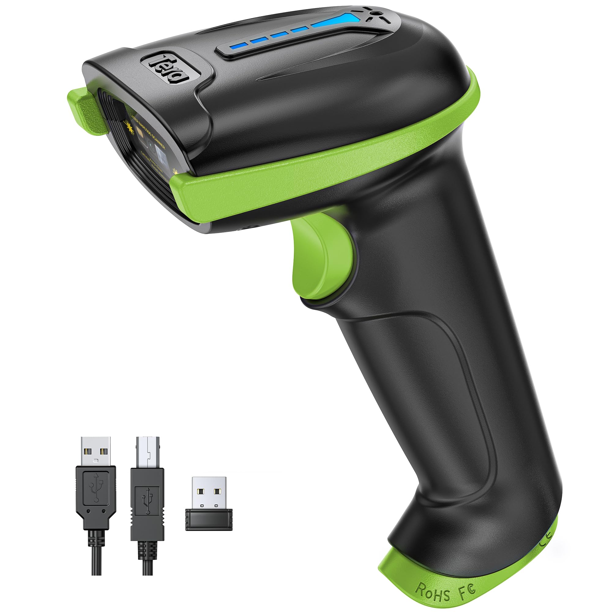 Photo 1 of Tera Barcode Scanner Wireless Versatile 2-in-1 (2.4Ghz Wireless+USB 2.0 Wired) with Battery Level Indicator 328 Feet Transmission Distance Rechargeable 1D Laser Bar Code Reader USB Handheld (Green)