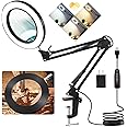 10X Magnifying Glass with Light and Clamp, Veemagni 3 Color Modes Stepless Dimmable Real Glass LED Lighted Magnifier, Adjustable Swing Arm Desk Lamp Hands Free for Close Works Crafts Repairing Sewing