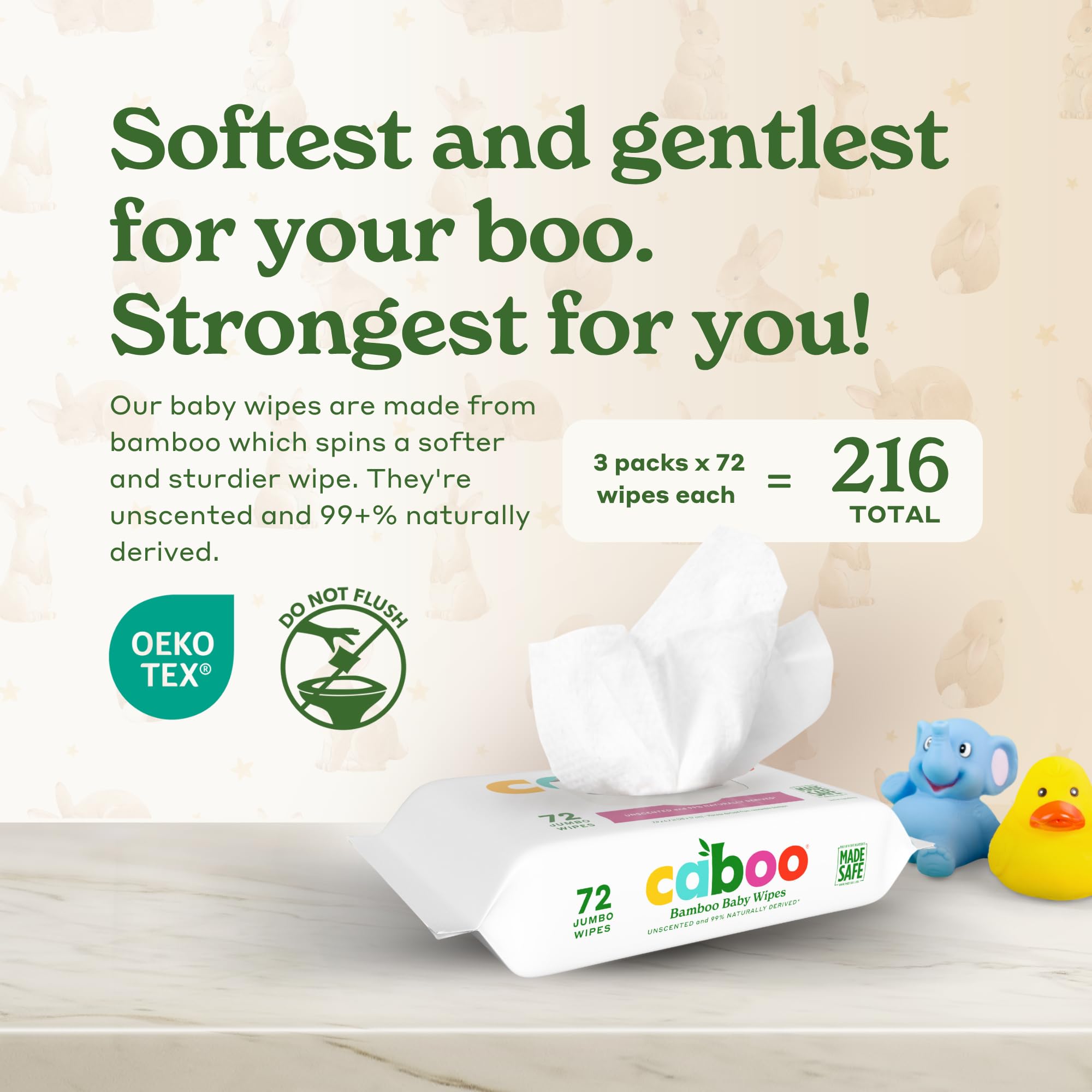 Caboo Baby Wipes, Made with Bamboo Viscose, Certified Made Safe Ingredients, Unscented Baby Wipes Good for Sensitive Skin, 72 Wipes Per Travel Pack, Total of 216 Wet Wipes