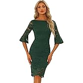 Allegra K Lace Sheath Dress for Women's Boat Neck Bell Sleeve Vintage Cocktail Dress