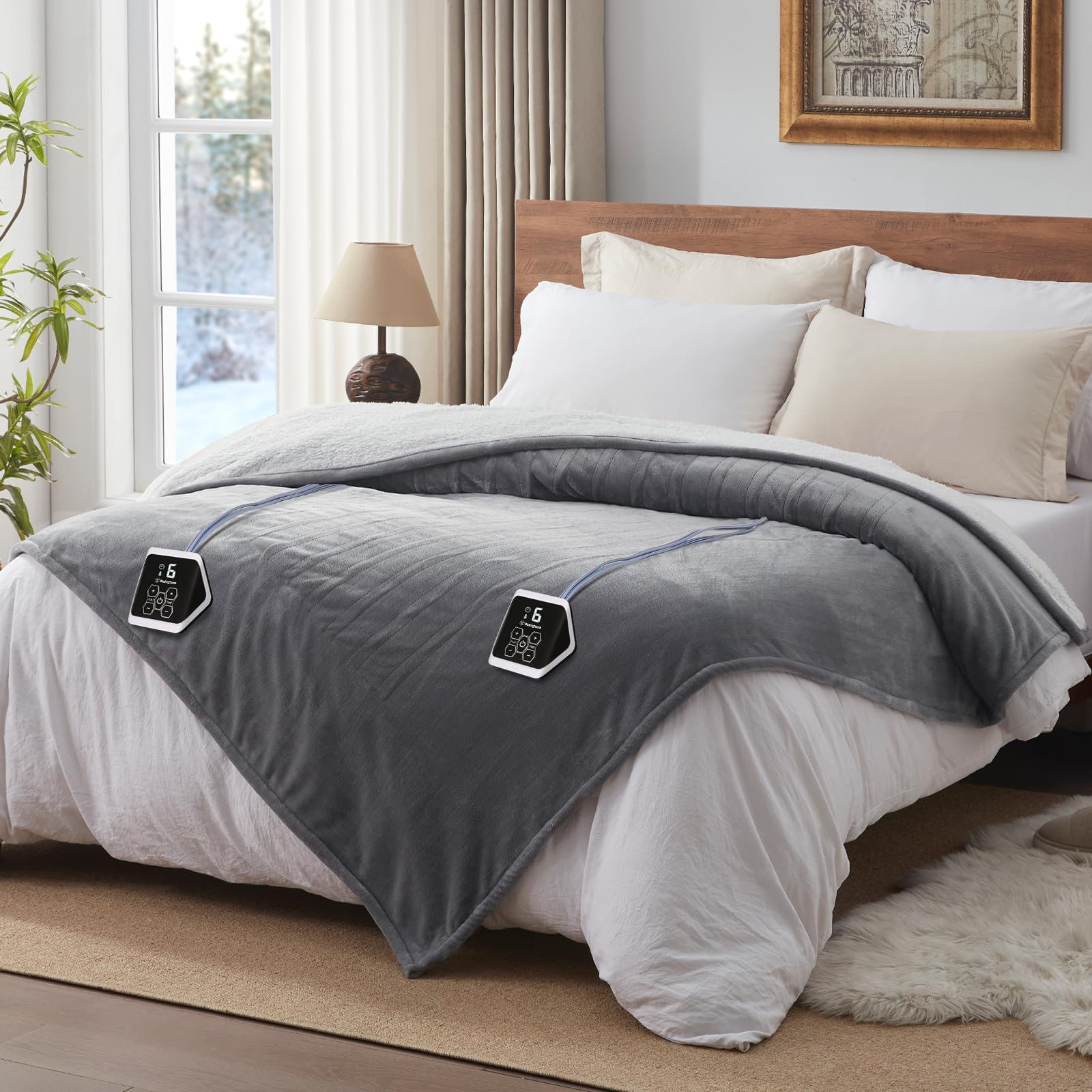 Photo 1 of Westinghouse Heated Blanket Queen Size, Soft Flannel to Sherpa Electric Blanket with 10 Heating Levels, 12 Hours Auto Off, Fast Heating Blanket, Machine Washable, 84x90 Inch, Light Grey