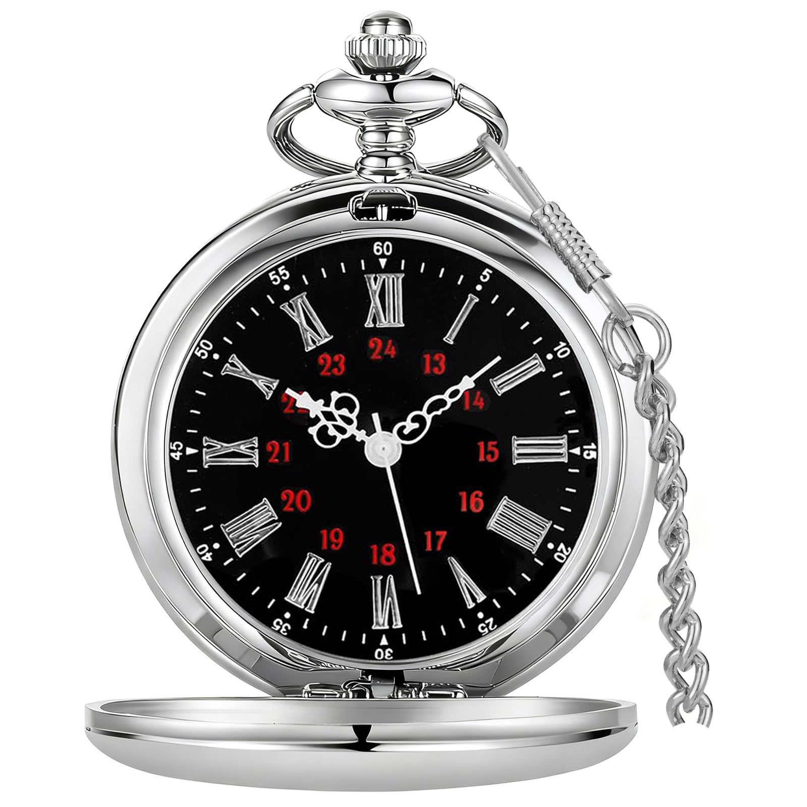 Tiong Classic Vintage Smooth Steel Pocket Watch with Chain Silver Quartz Roman Numerals Quartz Men's Pocket Watches