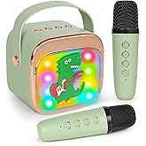 Dinosaur Karaoke Machine for Kids, Portable Mini Karaoke Machine with 2 Wireless Microphones, 4 5 6 7 8 9 10 Years Old Girl Boy Easter Christmas Birthday Gift Colorful Lighted Speaker Party Toys
