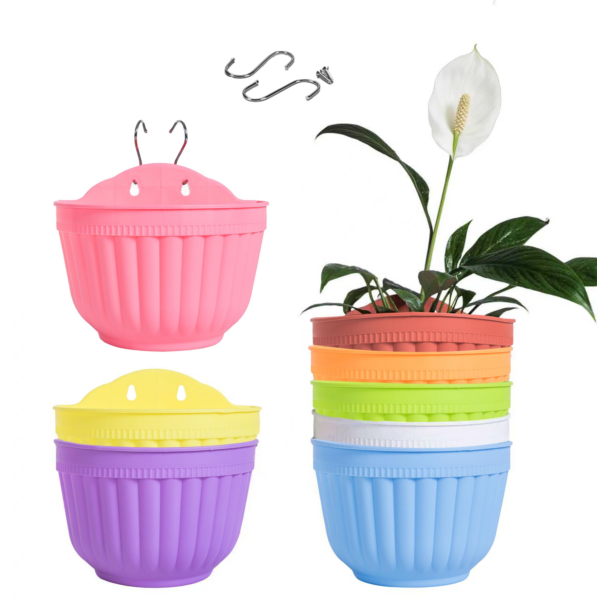 8 Pcs Colorful Resin Wall Hanging Planter Pot Vertical Garden Living Wall Mount Window Hang Indoor Outdoor Plant Flower Basket for Kitchen Herb Balcony Railing Shelf Fence Bedroom Trellis Decor Modern