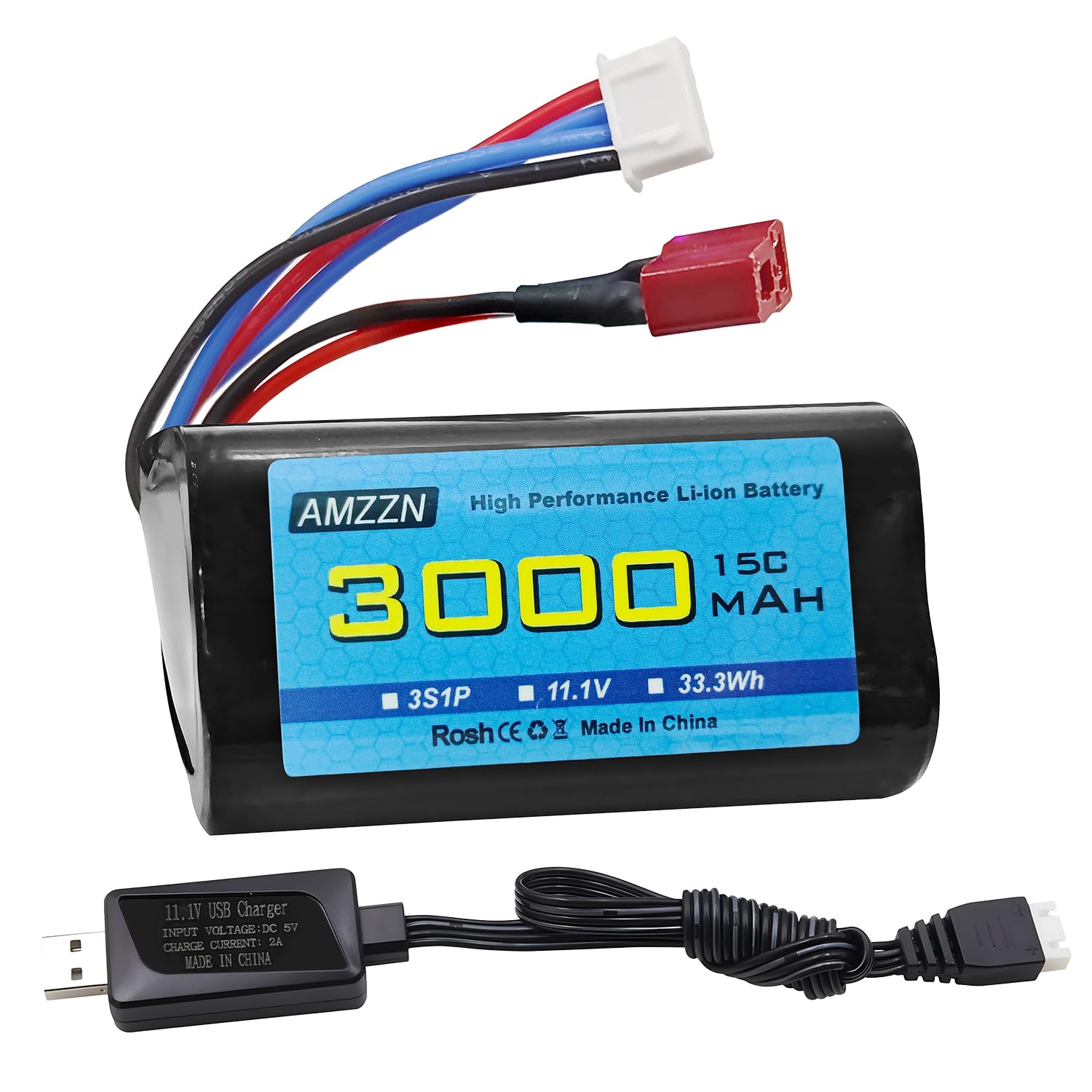 AMZZN 11.1V 3000mAh 15C 3S T-Plug Li-ion Battery with USB Charger for R608 2104 brushless RC Boat, 210E 200E Brushless Remote Control Car