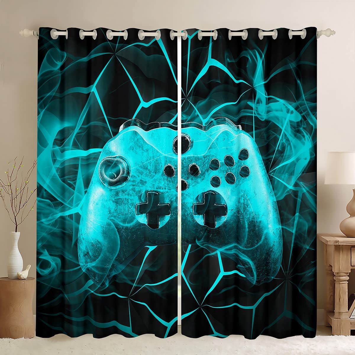 Loussiesd Gaming Curtains Kids Gamer Video Games Window Drapes for Boys Teens Modern Game Controller Window Curtain Breathable Teal Gamer Console Window Treatments Room Decor W52*L63