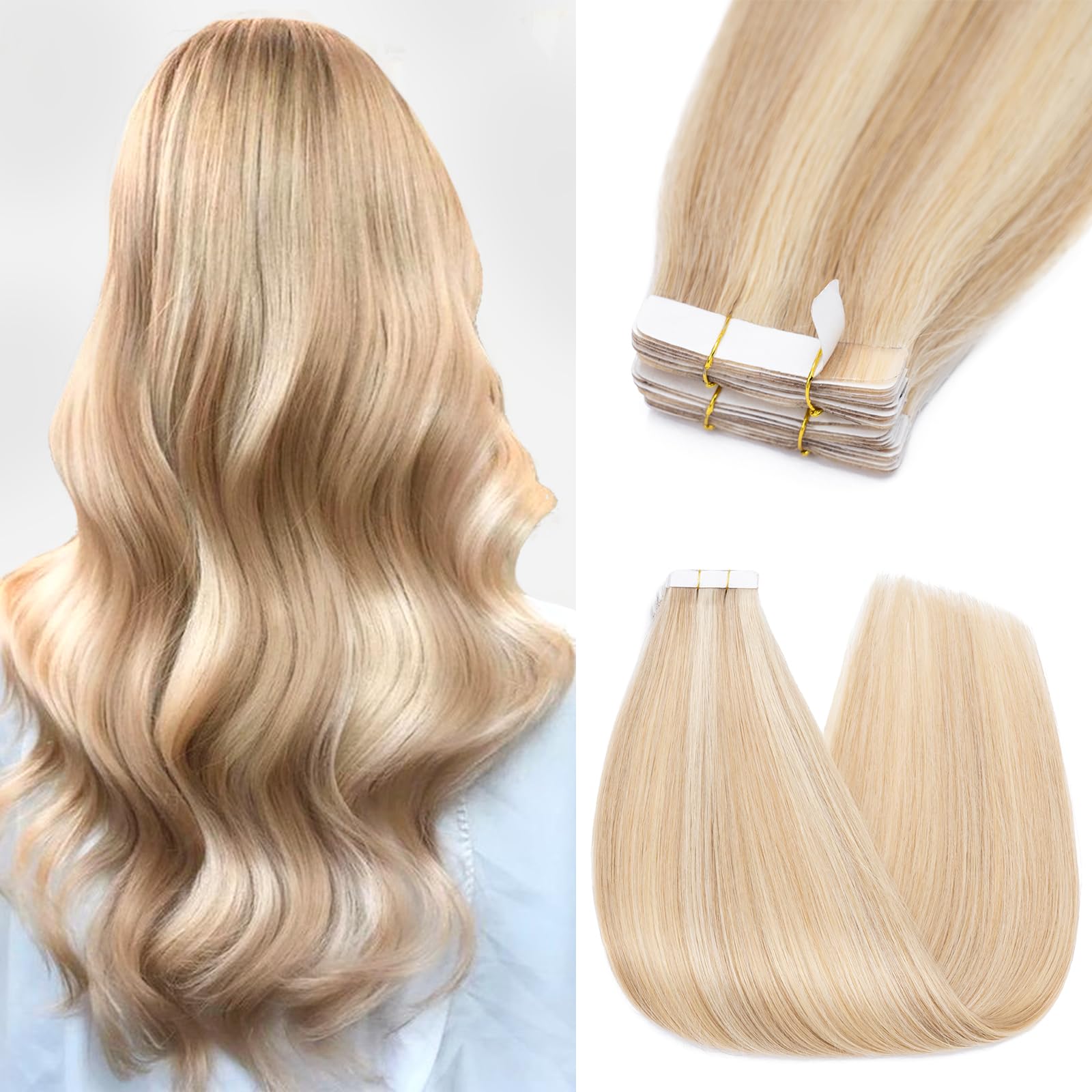 Silk-co Tape in Hair Extensions 22in 100% Real Remy Straight Human Hair Straight Invisible Glue Skin Weft 10 Pcs 25g #18P613 Ash Blonde&Bleach Blonde