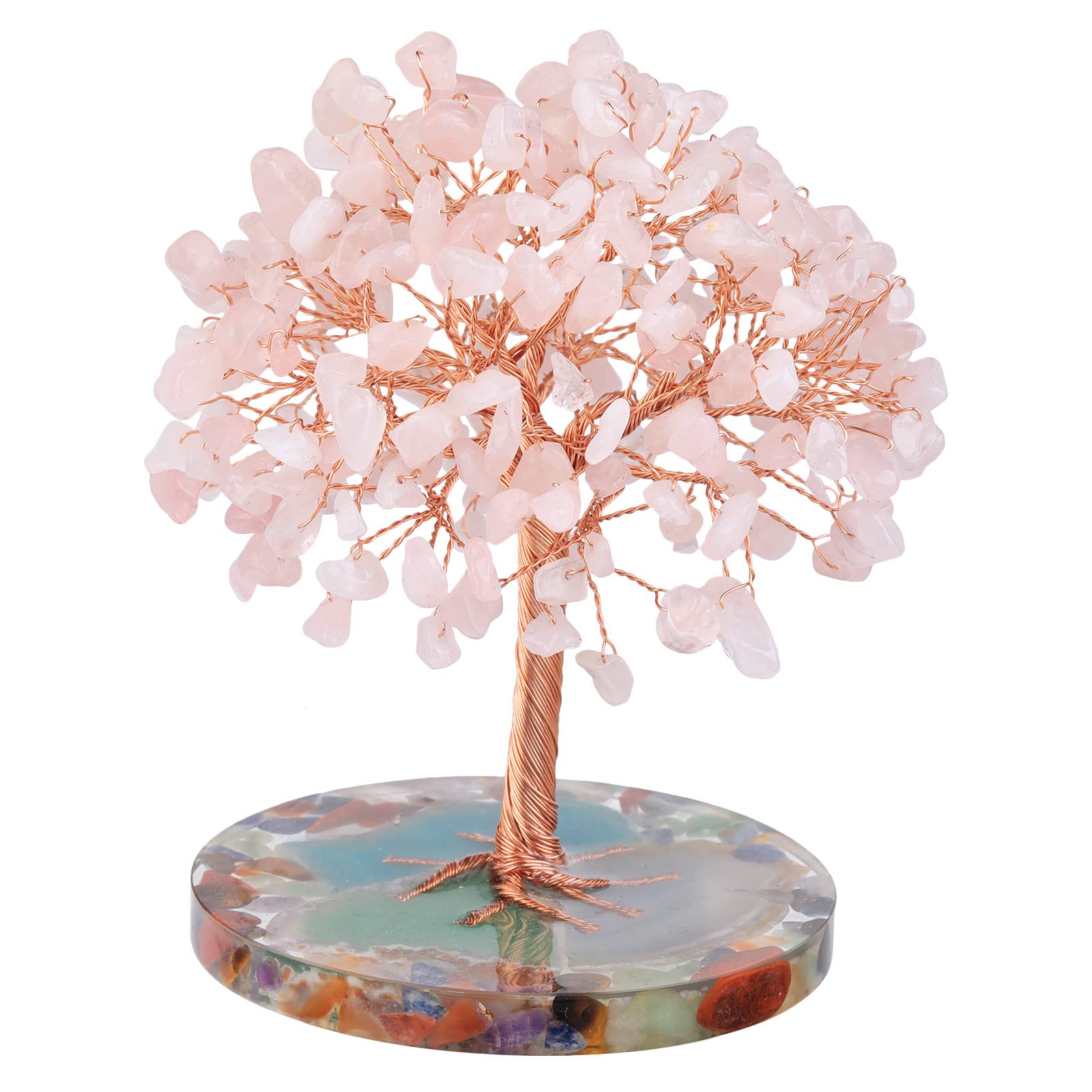 Nupuyai Rose Quartz Crystal Money Tree with Agate Slice Base, Energy Healing Stone Tree Good Luck Fengshui Spiritual Ornament Home Office Decor