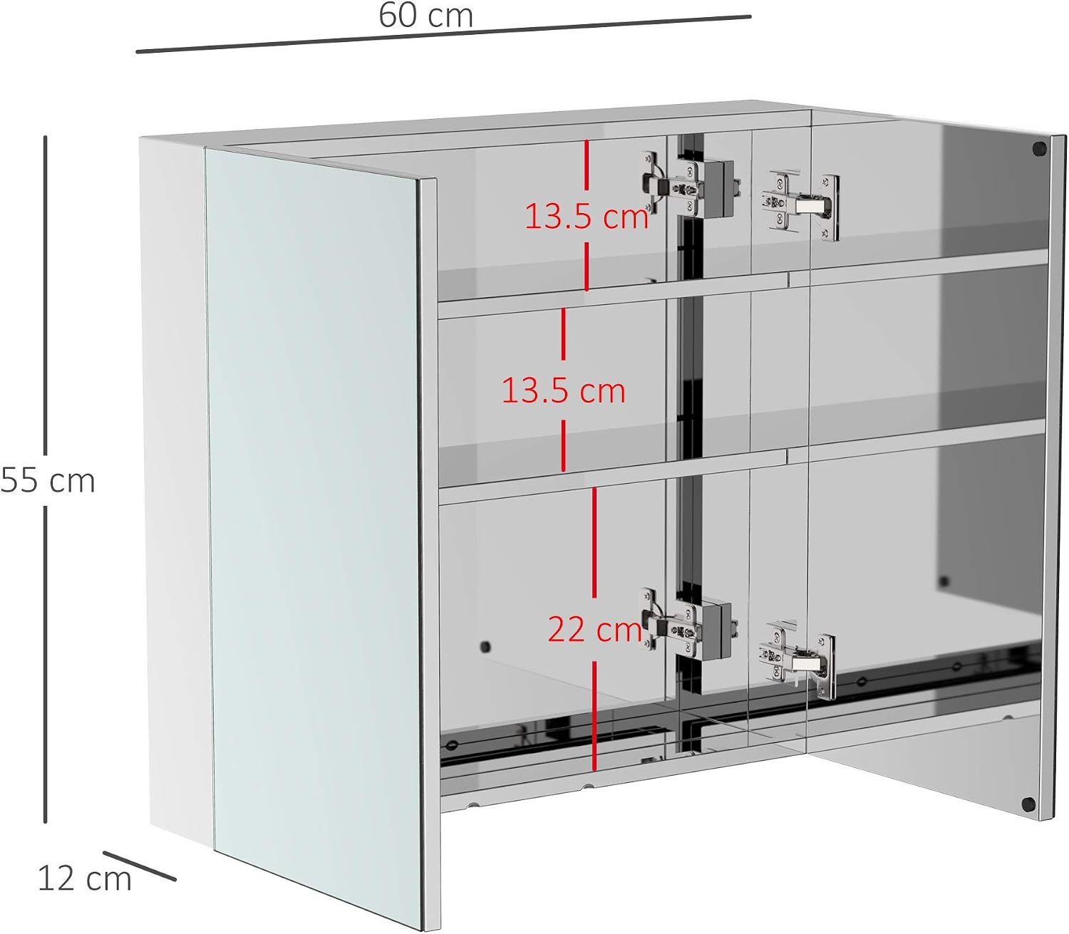 HOMCOM Bathroom Mirror Cabinet, Stainless Steel Wall Mounted Bathroom Storage Cabinet with Double Doors, 60x55cm - Image 3