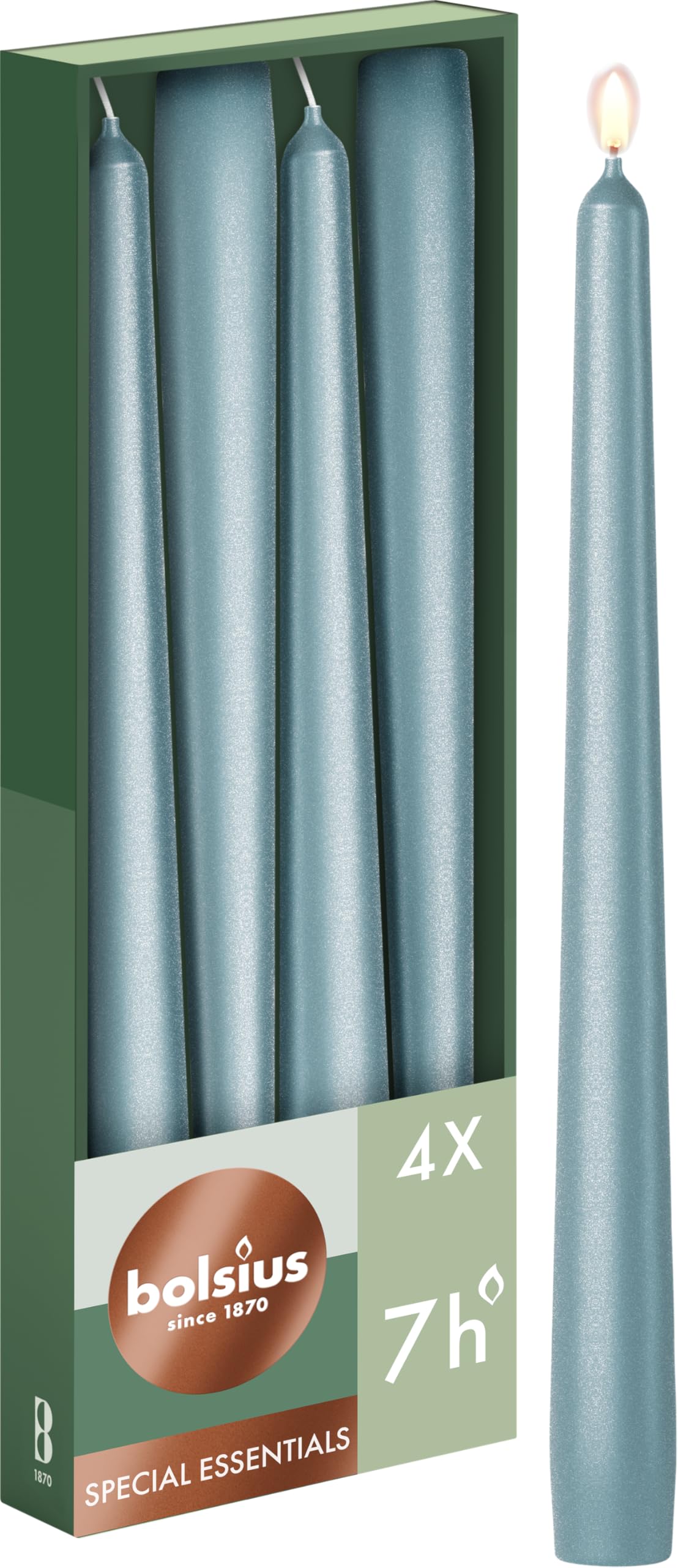 Bolsius Tapered Candles - Metallic Blue - 4-Pack - 24.5 cm - Decorative Household Candles - Burning Time of 7 Hours - Unscented - Includes Natural Vegan Wax - Without Palm Oil