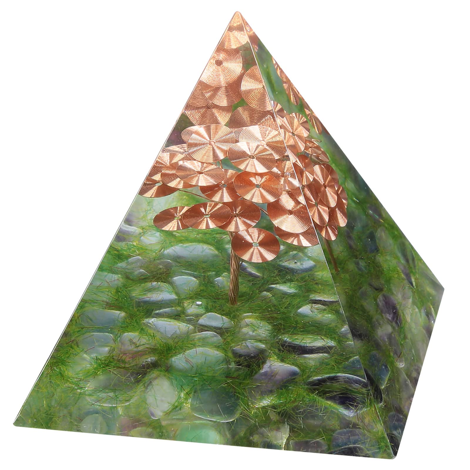 Nupuyai Fluorite Spiral Tree of Life Crystal Pyramid Ornament, Quartz Point Energy Figurine Reiki Healing Stone Pyramid