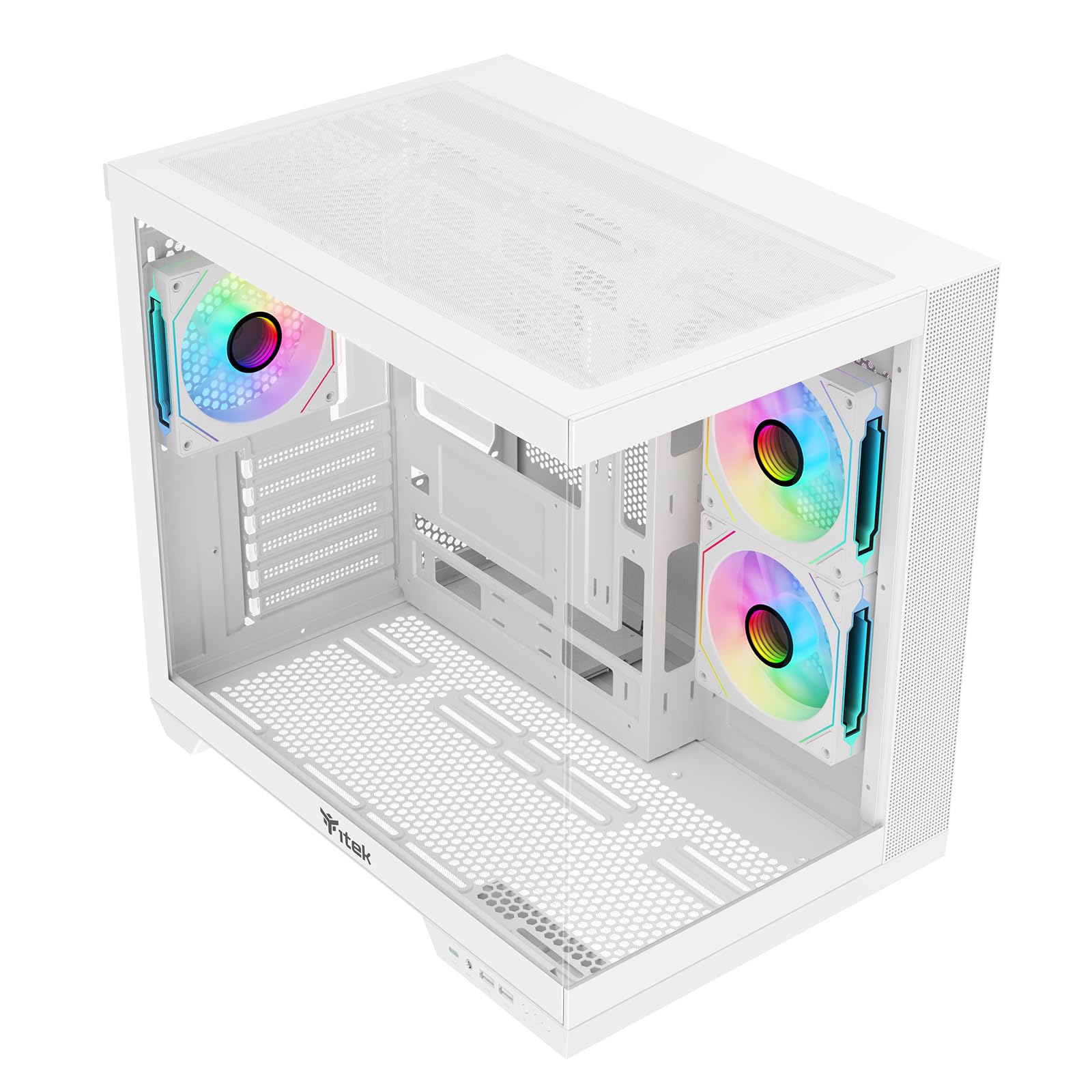 Itek Dark CAVE DS Gehäuse – Gaming Tower – ATX – 3x12cm ARGB-Lüfter – 2X USB 3.0 – Type-C – Seiten- & Frontpanel aus Gehärtetem Glas – Weiße Edition 6
