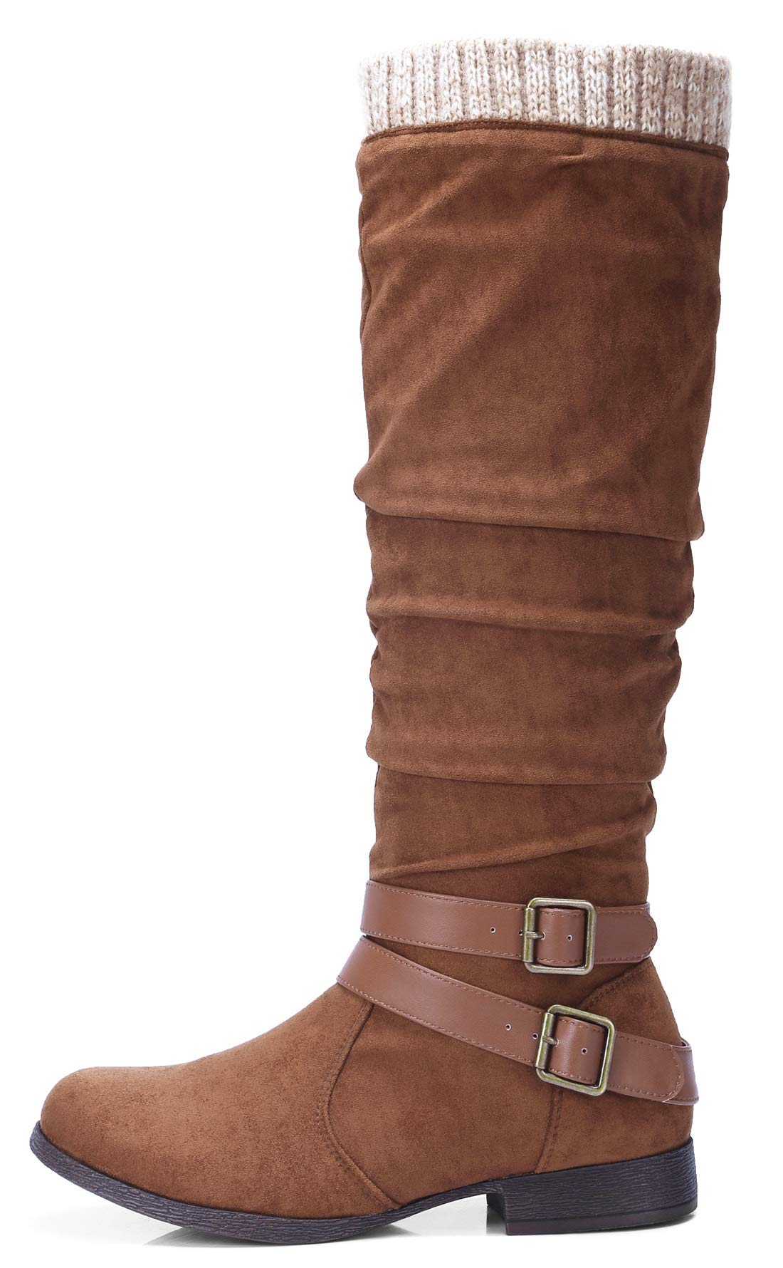 CAMEL CROWN Women\'s Faxu Suede Knee High Slouch Boots Wide Calf Low Block Heel Winter Riding Boots with Zipper Buckle Strap,Tan,Size 5.5UK