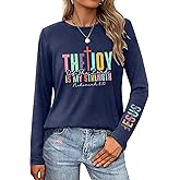 RXGOY Christian Long-Sleeve T-Shirt for Women Bible Verses Cross Jesus Praise God Joy of The Lord Crewneck Top