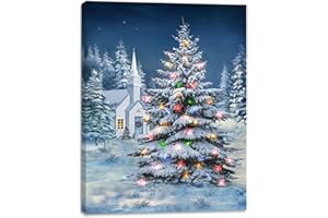 alottagifts Town Tree Christmas Canvas Wall Art Print 12" x 16" With Timer | LED Lighted Canvas Wall Art Print Design (Christmas Town Tree)