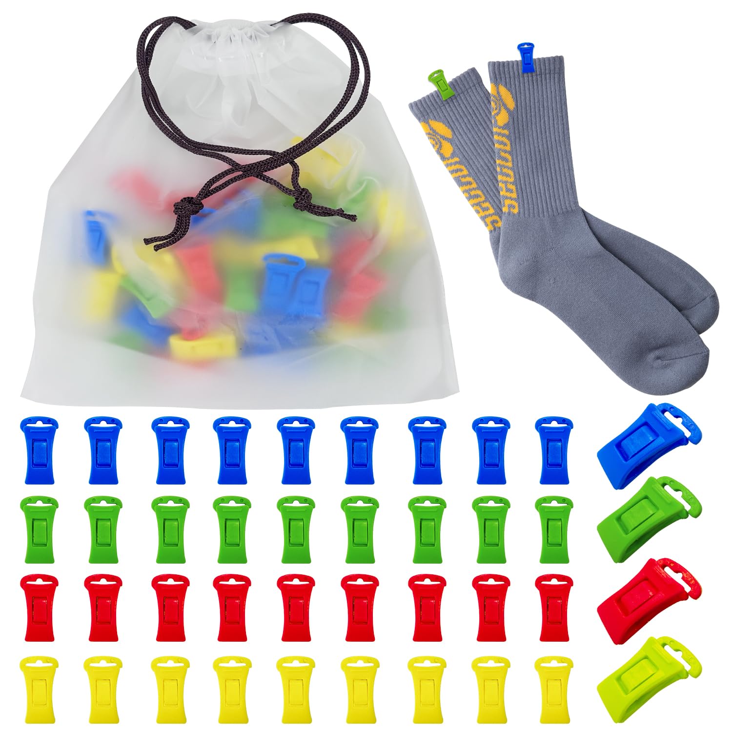 Sock Clips for Washing Machine and Dryer,40 Pcs Sock Holders with Storage Bag, Sock Laundry Clips, Mini Clothes Pegs with Hanging Hook, Socks Sorting Aid for Washing Machine (4 Colors)