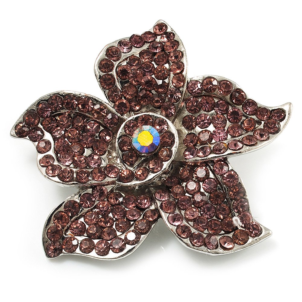 Small Lavender Pink Diamante Flower Brooch (Silver Tone)