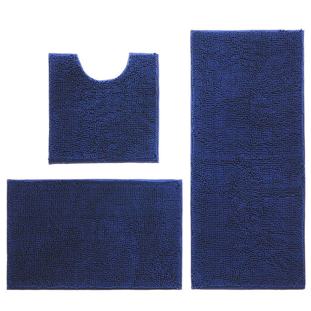 Hodeacc 3 Pcs Non Slip Chenille Bath Mat Set,High Water Absorbent Density Soft Microfiber Toilet Mat Toilet Pedestal Machine Washable Bathroom Mats Carpet 50x50cm/40x60cm/50x80cm (Deep Blue) — image 1