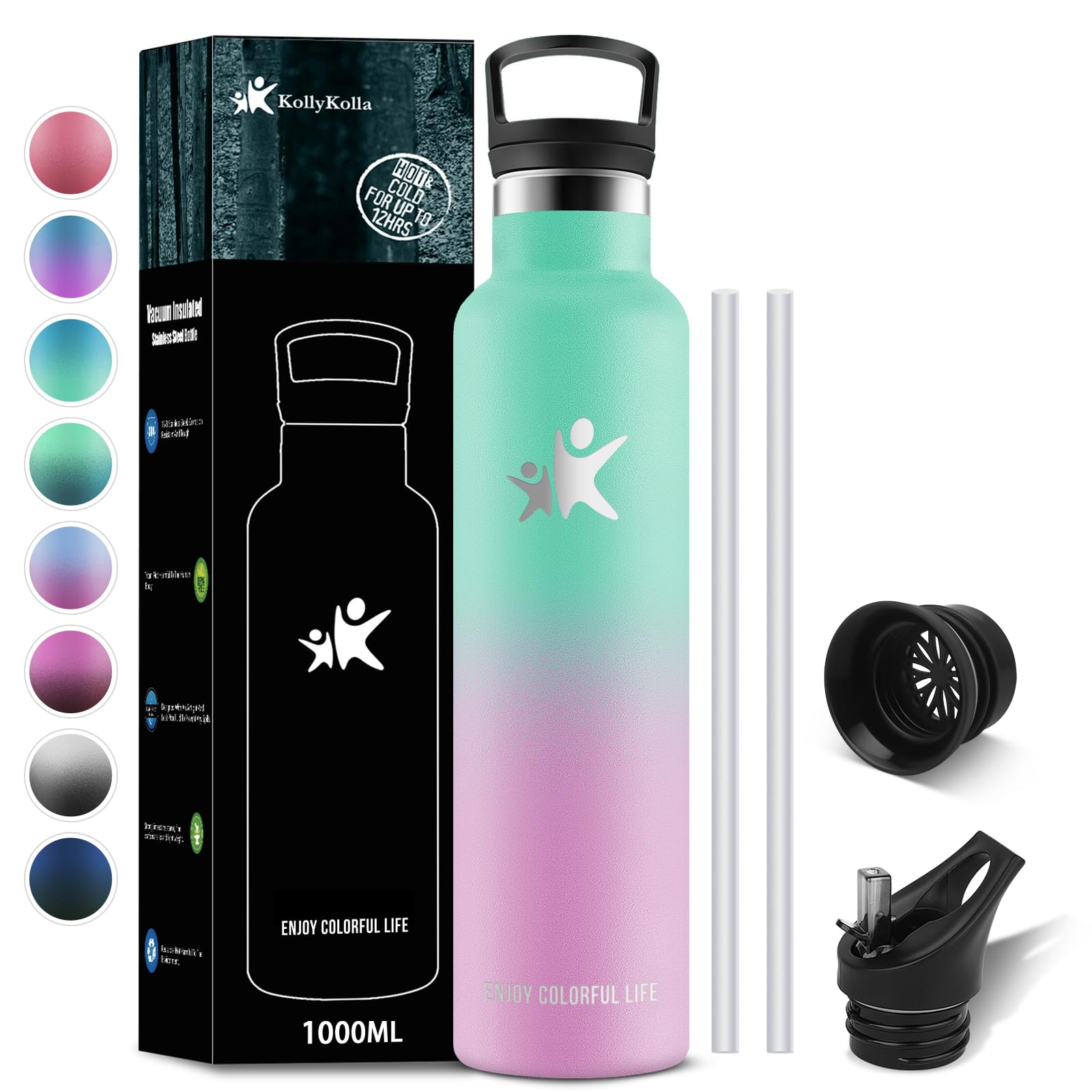 KollyKolla Trinkflasche Edelstahl 1L, Vakuum Thermosflasche, Wasserflasche mit Strohhalm, Auslaufsicher, BPA-Frei Trinkflasche Kohlensäure Geeignet für Erwachsene, Uni, Gym, Sport, Fahrrad, Camping