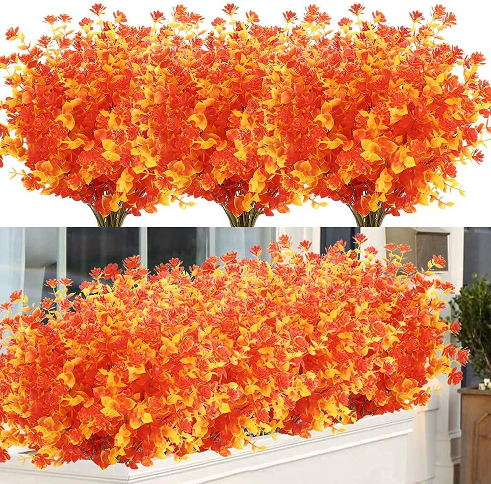 Ruiuzioong Artificial Fake Flowers, 4Pack Outdoor UV Resistant Greenery Shrubs Plants Indoor Outside Hanging Planter Home Garden Décor (Autumn sunset red)