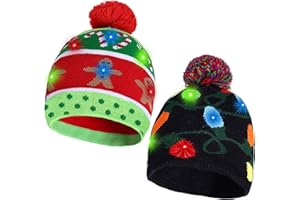 MGPARTY 2 Pack Christmas LED Light-up Knitted Beanie Hat Colorful Flashing Holiday Xmas Christmas Party Supplies(One Size Fits More)