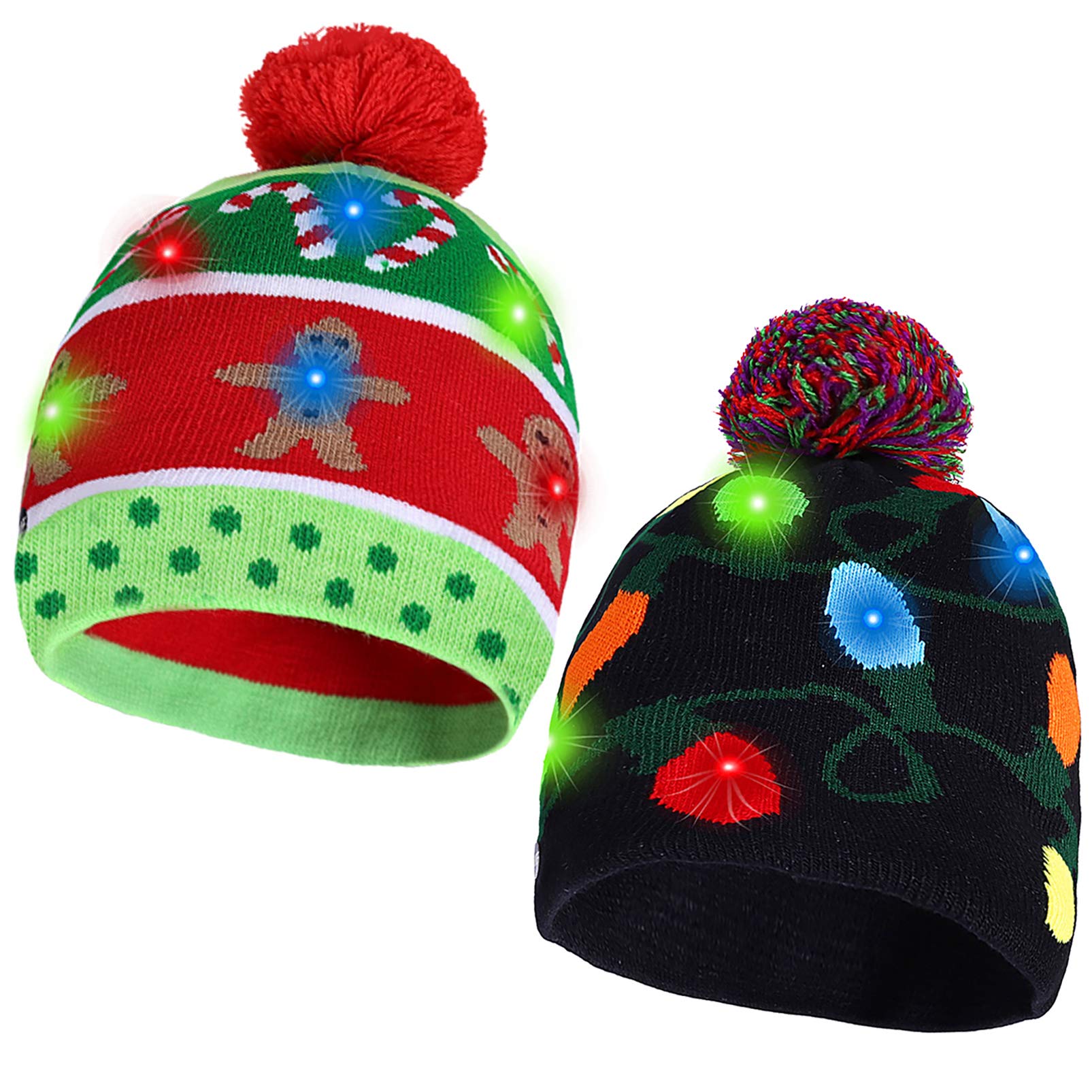 Photo 1 of 2 Pack Christmas LED Light-up Knitted Beanie Hat Colorful with 3 Flashing Modes for Holiday Xmas Christmas Party Supplies(One Size Fits More)