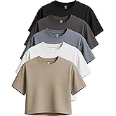 Real Essentials 5 Pack: Women's Dry-Fit Breeze Tech Crop Tops – Short Sleeve Athletic Workout, Yoga Tees (Available in Plus)