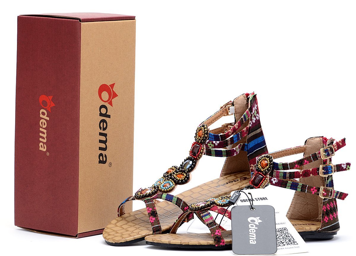 Odema Womens Flat Sandals Bohemian Beads Coin Back Zip Thong Dressy Shoes - Image 3