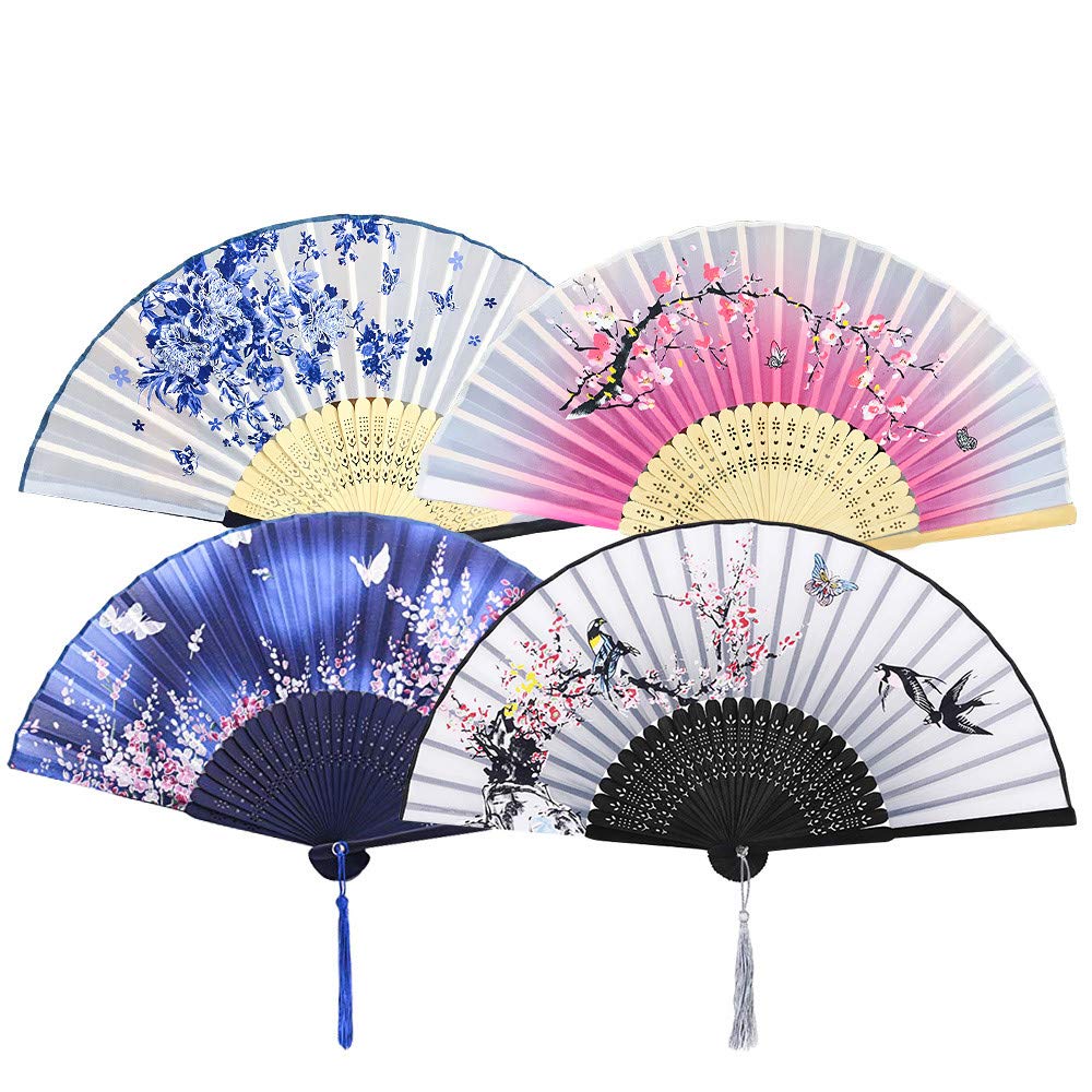NETUME 4 Pieces Hand Folding Fans for Women, Silk Fabric and Hollow Carved Bamboo Handheld Folding Fan, Chinese Style Hand Fan with Tassels for Gifts and Wall Decoration