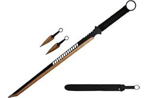 Wartech K1020-65-GD 440 Stainless Steel Full Tang Blade Ninja Hunting Machete Sword with Throwing Knives (2 Piece), 27", Gold