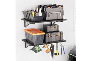 EROMMY 2-Pack 2x3ft Garage Shelving with 500lbs Capacity, Shelving Wall Mounted Metal Floating Storage System-Garage Shelves Heavy Duty with 6 Hooks for Basement Organization