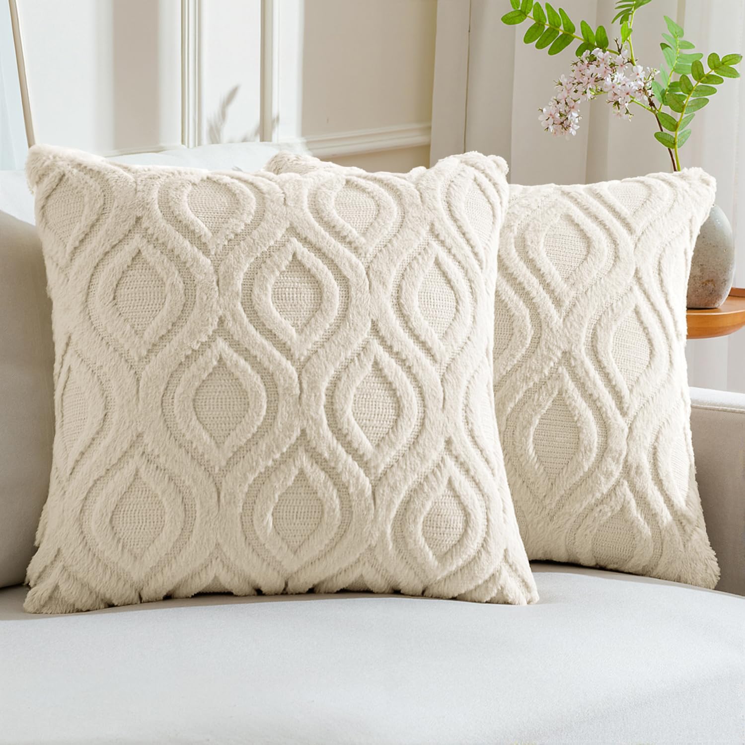 View 1 of MIULEE Beige Throw Pillow Covers 20x20 Inch, Soft Winter Plush Faux Wool Couch Pillow Covers Set of 2 Decorative Farmhouse Boho Throw Pillows for Sofa Living Room Bed