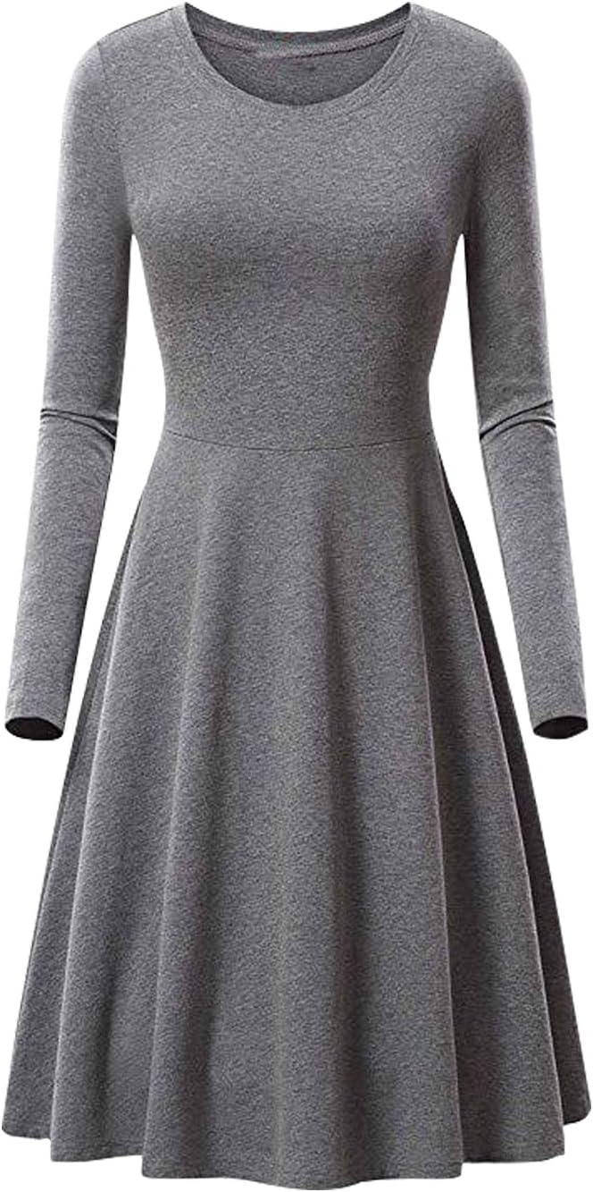 EFOFEI Womens Swing Round Neck Long Sleeve Midi A Line Solid Casual Elegant Slim Dress
