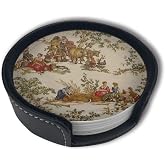 Vintage French Country Print Coasters for Drinks with Holder Leather Coasters Set of 6 Table Decor Protect Furniture from Water Marks Scratch and Damage