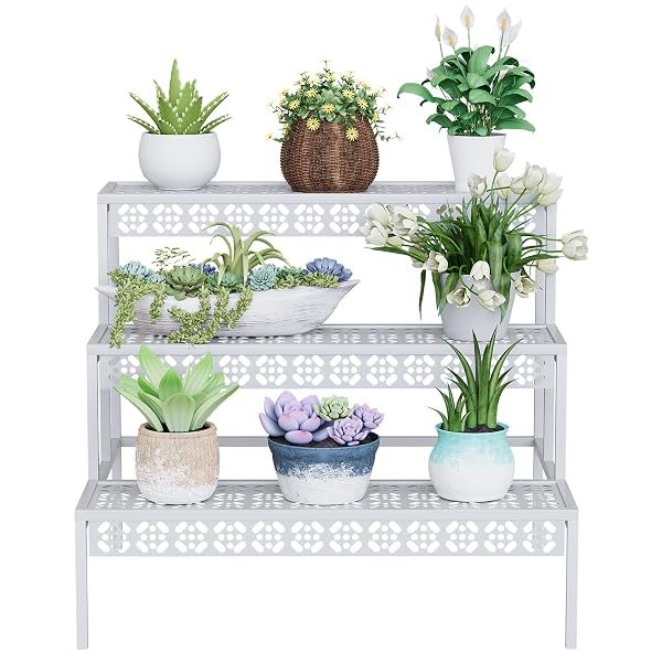 GARDEN 4 YOU 3 TIERS METAL PLANT STAND,RECTANGULAR LADDER FLOWER POTS OUTDOOR PLANT RACK, INDOOR PLANT DISPLAY RACK, HEAVY DUTY UTILITY STORAGE ORGANIZER FOR HOME GARDEN PATIO BALCONY, STAIR STYLE(WHITE)