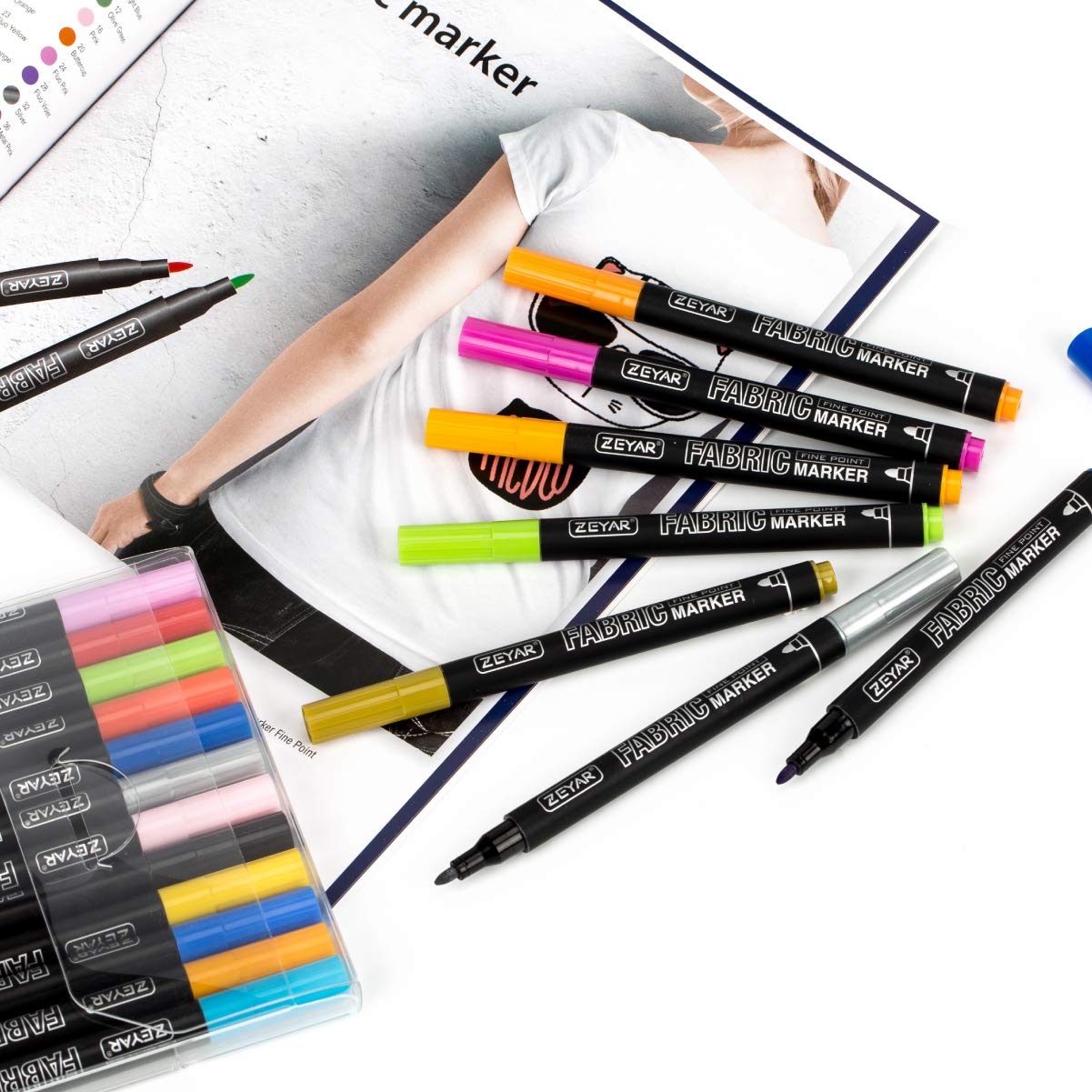 ZEYAR Permanent Markers Fabric Art Pens, Great on Bags, Shoes, T-shirts & Other Fabric Paint Materials - Child Safe & Non-Toxic For Washable Art and Lettering, Fabric Paints (24 Colors)