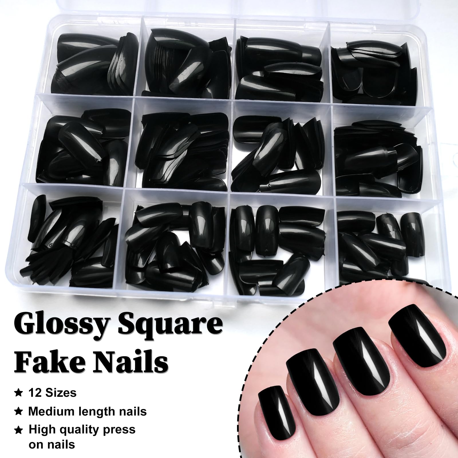 LoveOurHome 240pc Black Press on Nails Medium Square Fake Nails Press ons Square Nail Tips Gel False Nails Colored Presson Artificial Fingernails & Glue Adhesive Tabs Women Girls Manicure Decor - Image 5