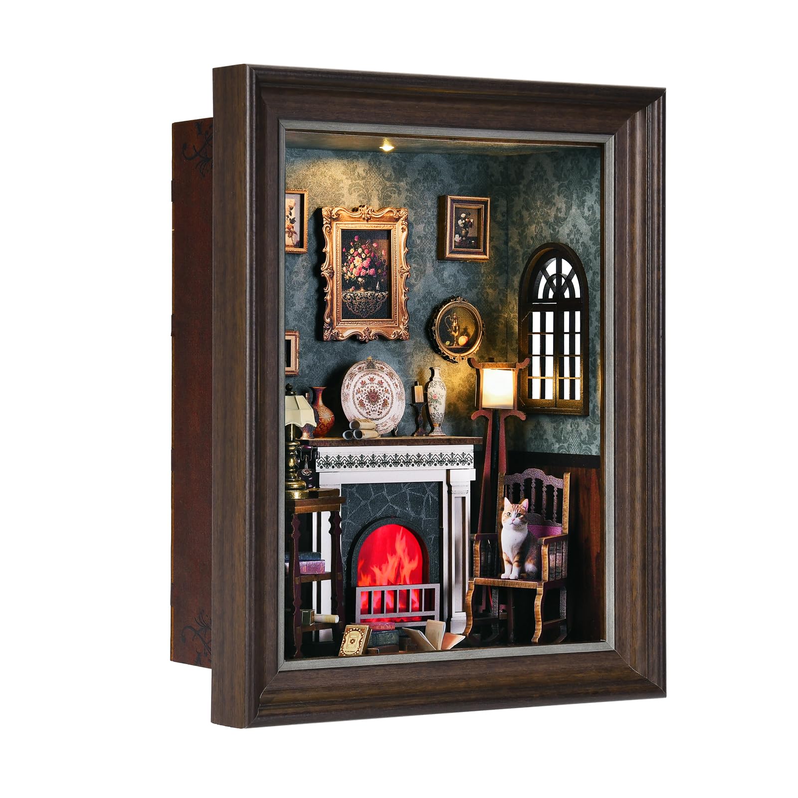 ETKVR Book Nook Kit, Picture Frame Booknook, Wall Mounted Miniature Dollhouse Kit, DIY 3D Wooden Puzzle for Home Bookshelf Decoration - Fireplace