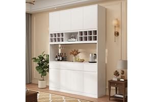 FAMAPY Large Bar Cabinet Coffee Bar Cabinet with Hutch, Wine Storage & Drawers, Wine Bar Cabinet with Doors & Glass Holder, for Kitchen Hallway White (63”W x 15.8”D x 86.6”H)