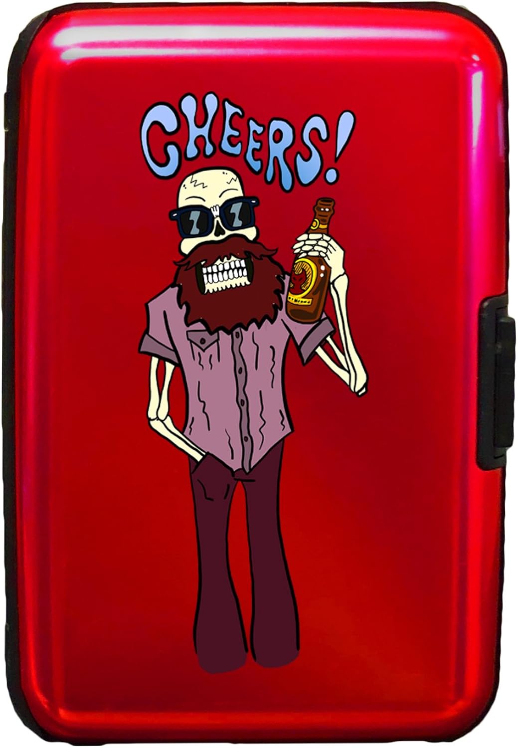 "Cheers!" Funny Skeleton Drinking Beer - 3D Color Printed Red Aluminum Hard Credit Card Wallet