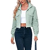 Fisoew Women's Cropped Bomber Jackets Lightweight Zip Up Stand Collar Long Sleeve Short Jacket with Pockets