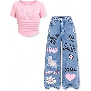 LKALPSQ Teen Girls 2PCS Outfits Butterfly Print Crop Tops & Graffiti Ripped Wide Leg Denim Pants Girls Clothing Set 7-14Y
