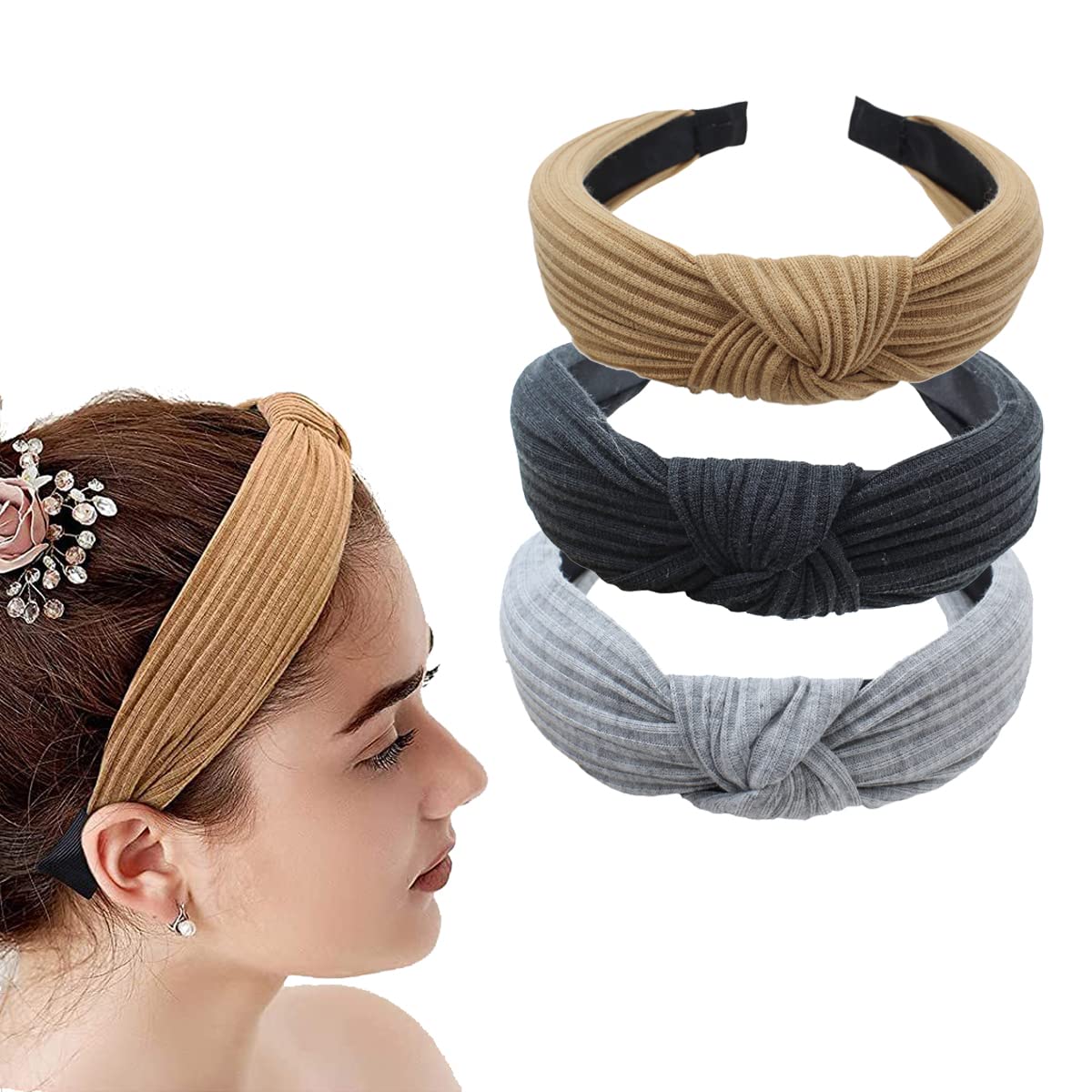 3 Packs Wide Headbands for Women Cute Fashion Hairbands in Solid Color Non-slip Hair Accessories for Daily Festival Gifts Black Khaki Light Grey 1802