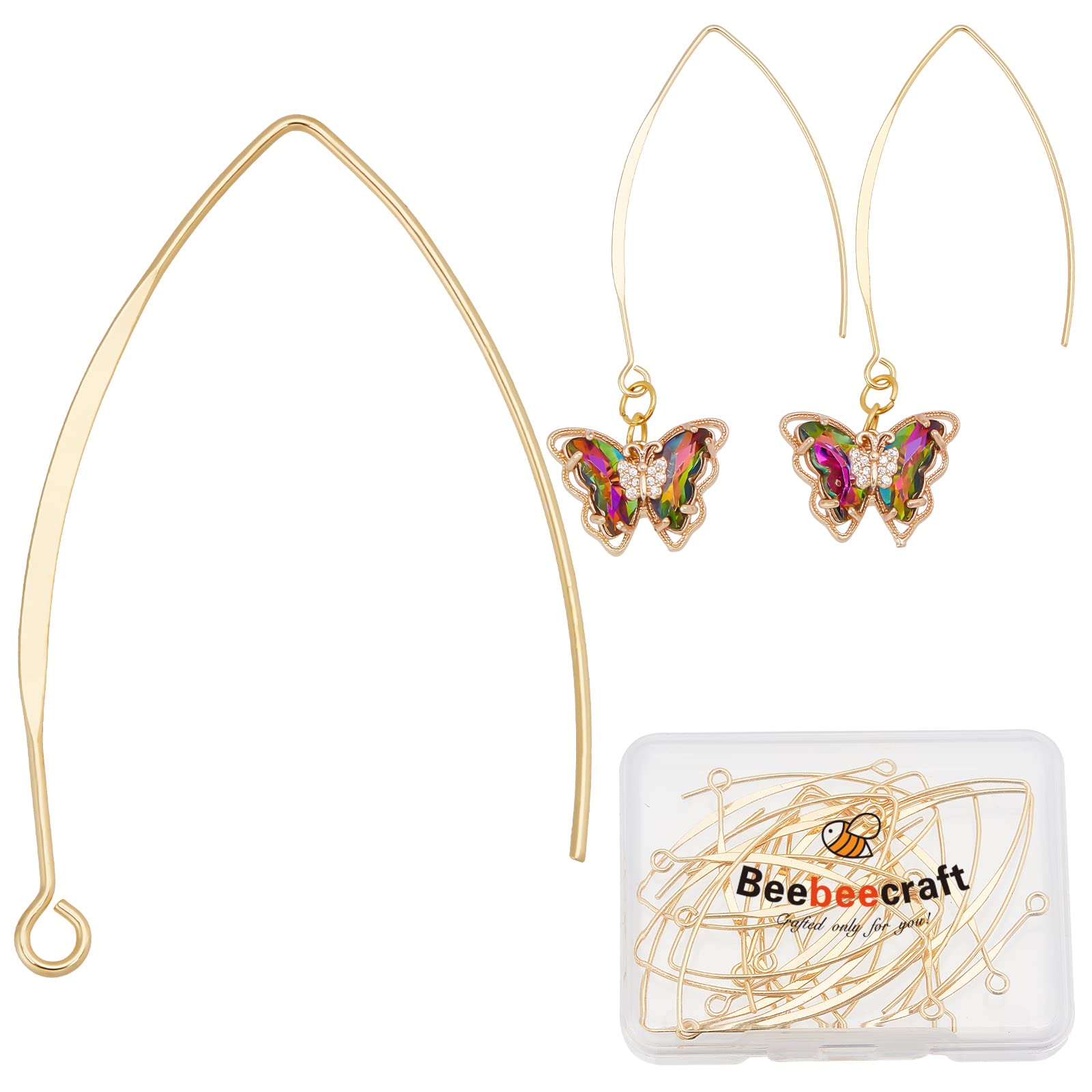 Beebeecraft 1 Box 20Pcs 18K Gold Plated Brass Ear Wires V-Shape 43mm Drop Earring Hooks for DIY Jewellery Making Findings (Wire 0.7mm)