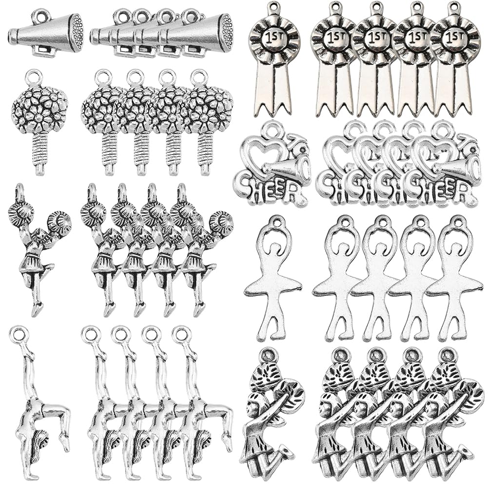 SUNNYCLUE 1 Box 80Pcs 8 Styles Sports Charm Cheerleading Charms Bulk Dance School Sports Spirit Gymnastics Alloy Charm for Jewellery Making Charms Bracelet Necklace Earring Women DIY Jewellery Craft