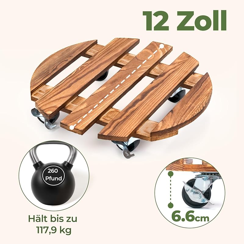 Pflanzenroller Holz Rund 2er Set – stabiler Pflanzenroller Outdoor wetterfest mit Bremse, Blumentopf Untersetzer mit Rollen Ø 30.5 cm, Pflanzenuntersetzer mit Rollen für Innen & Außen