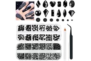 qiipii 4080Pcs Black Nail Rhinestones Crystal Flatback Jet Black Rhinestones Round Beads Glass Gems Stones Nail Art Gems Diamonds jewels Multi Shapes Sizes Nail Charms for Nails Eyes Makeup DIY Crafts