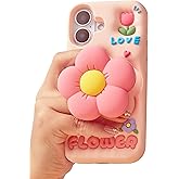 TUFTA Cute 3D Flower Phone Case for iPhone 16 - Retractable Stand & Grip with Floral Design - Girly Aesthetic Kawaii Soft Silicone Phone Cover for Women, Girls, Kids and Teens, Pink